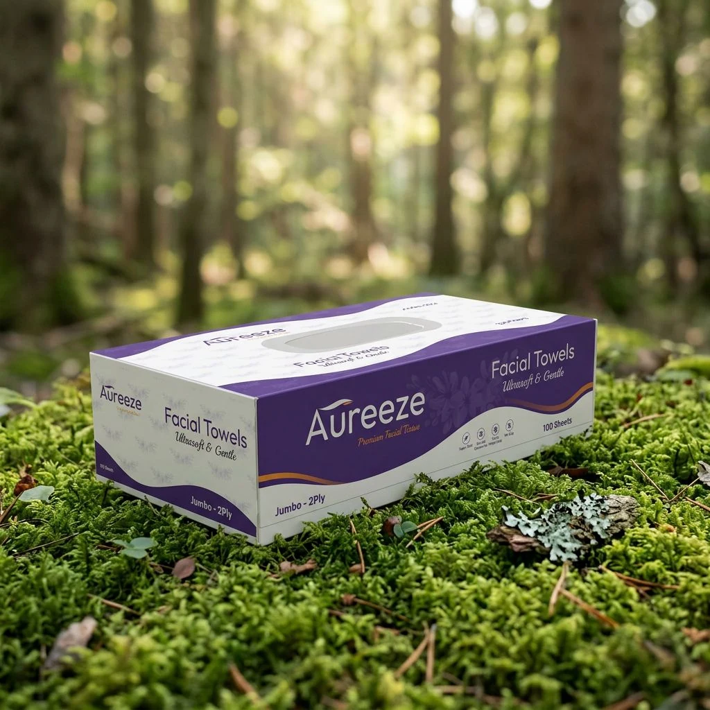 Aureeze tissue box resting on green moss in a sunlit forest