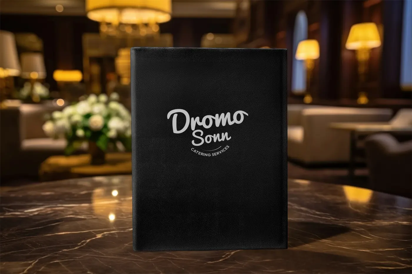 Black leather menu folder with the Dromo Sonn logo, standing on a table in a hotel lobby