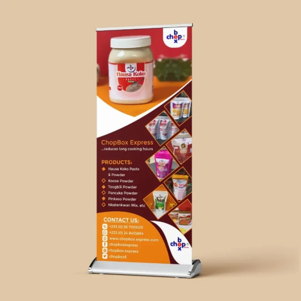 ChopBox Express roll-up banner featuring Hausa Koko paste and a list of products
