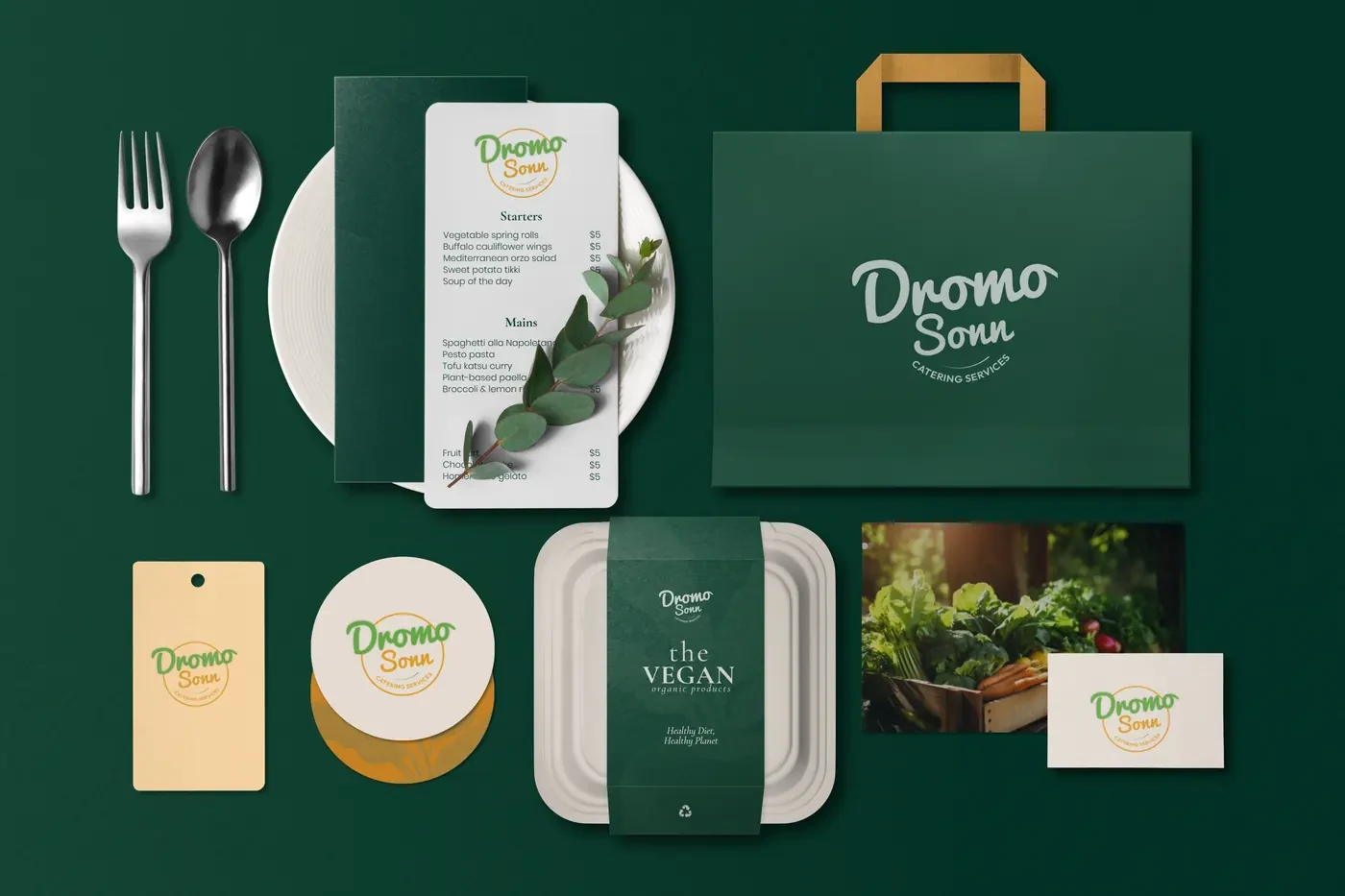 Dromo Sonn brand identity and packaging flatlay