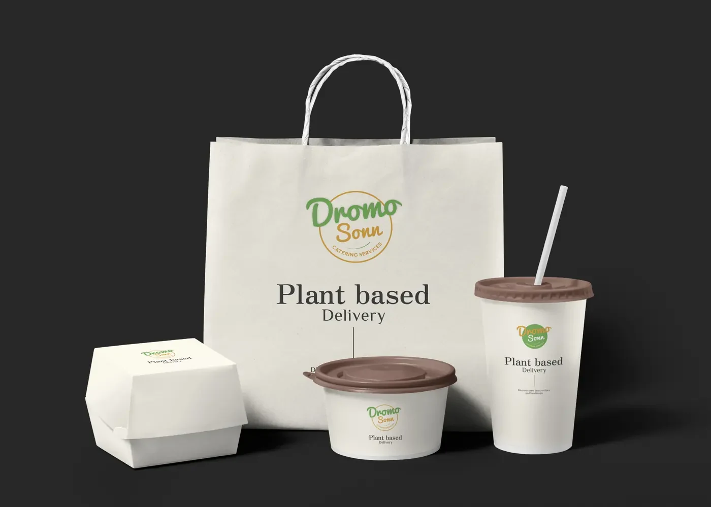 Dromo Sonn plant-based delivery bag, burger box, soup cup and drink cup