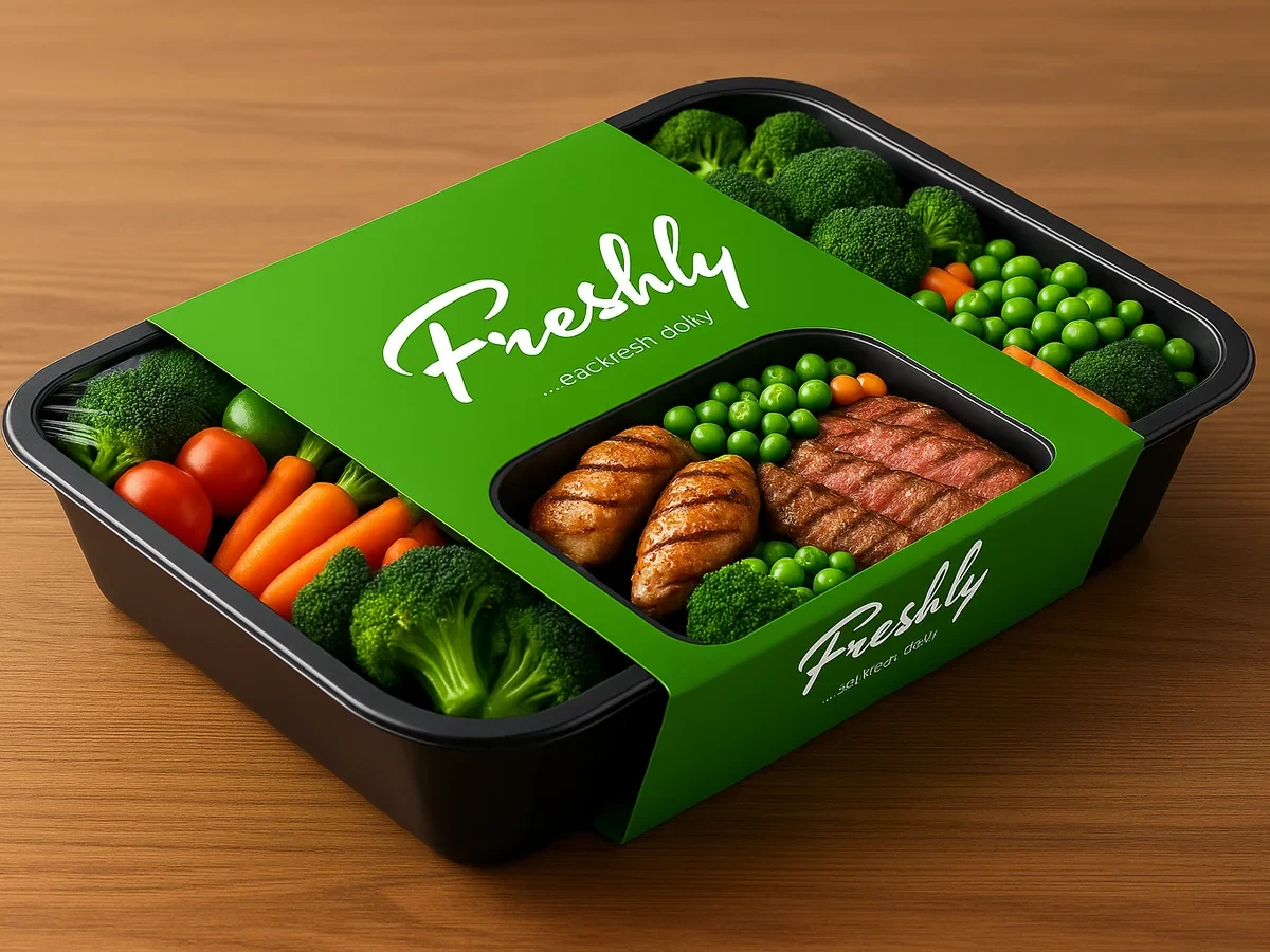 Freshly meal tray with a green branded sleeve