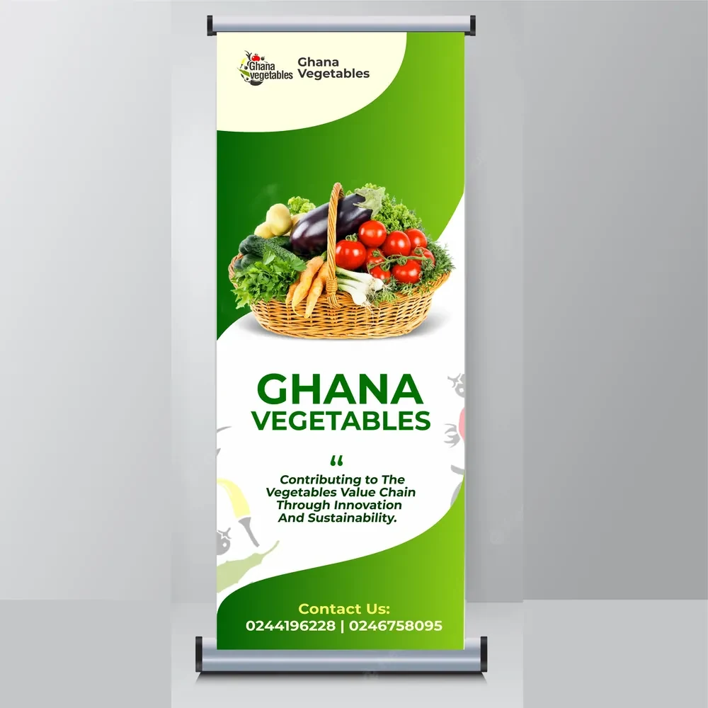 Ghana Vegetables roll-up banner with a basket of fresh vegetables