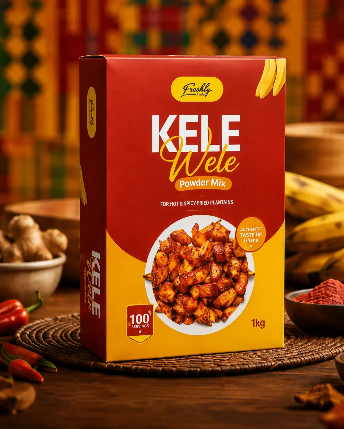 Kelewele box styled with plantain, chili and ginger, referencing Ghanaian textile patterns