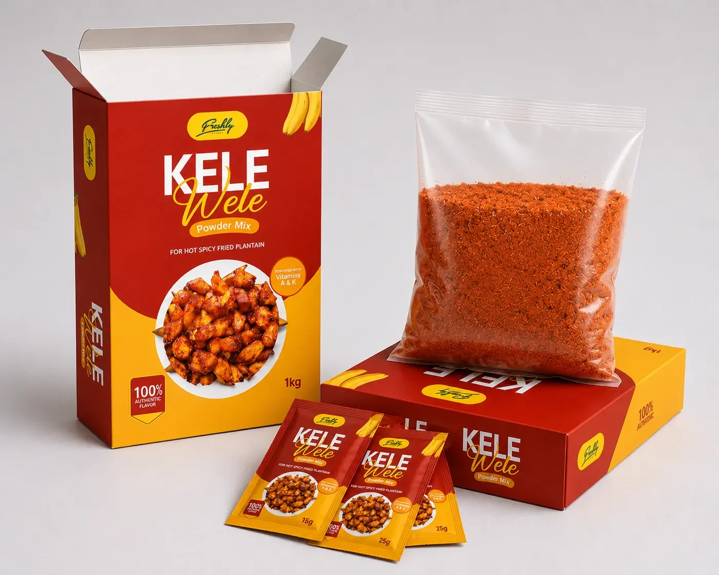 Kelewele Powder Mix packaging — box, bag and sachets