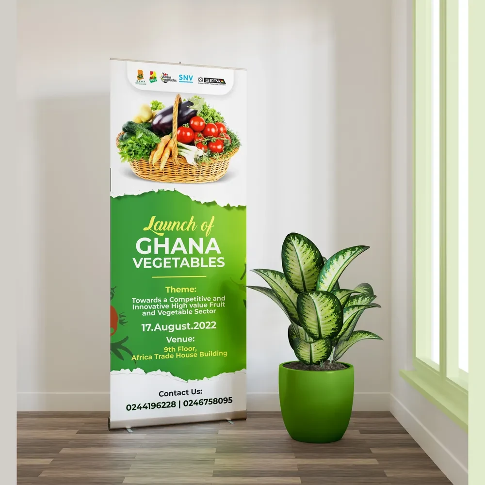 Launch of Ghana Vegetables roll-up banner with theme, date and venue, next to a potted plant