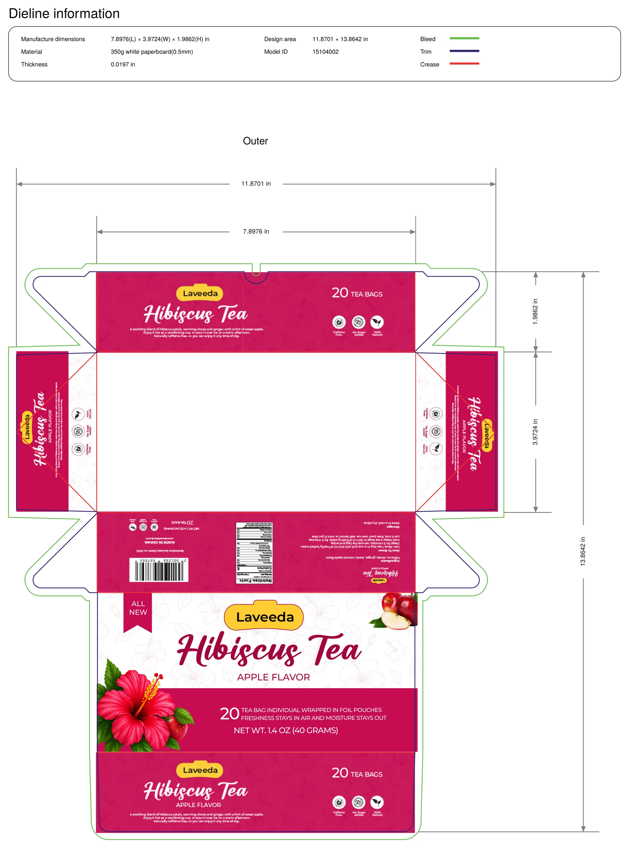 Laveeda print dieline: the flat box net with every panel, dimensions 7.8976 by 3.9724 by 1.9862 inches, with bleed, trim and crease lines