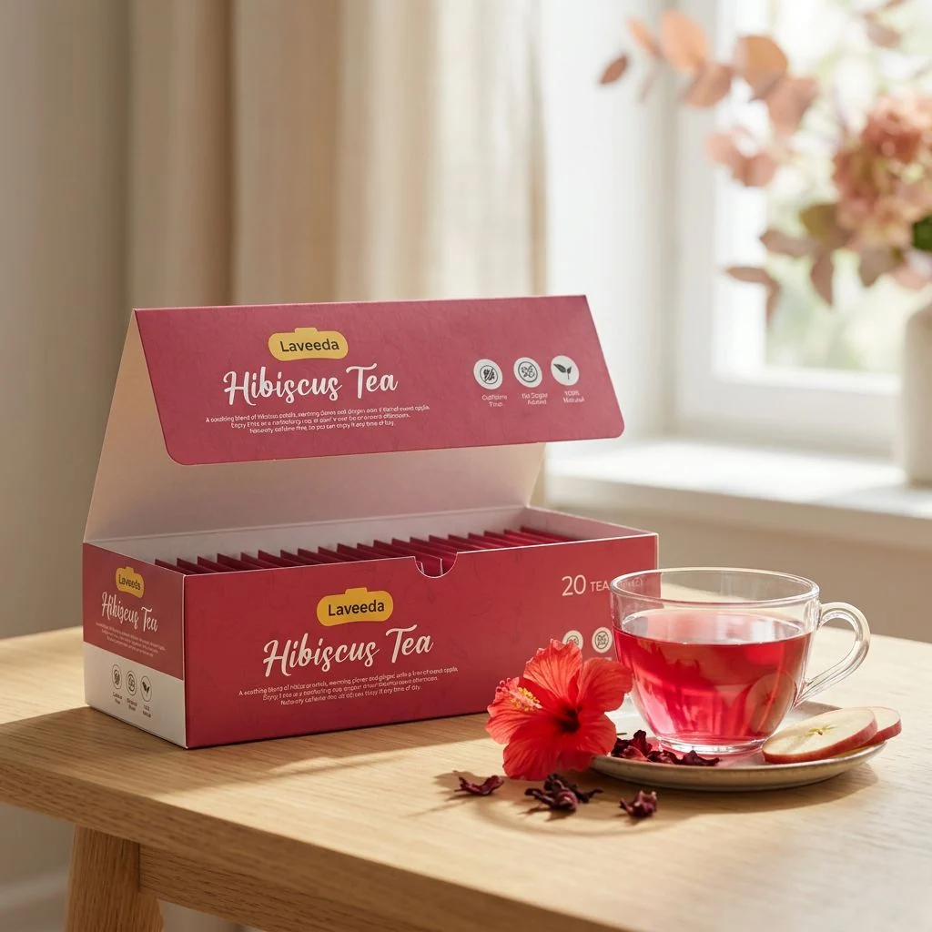The redesigned Laveeda Hibiscus Tea box open on a sunlit table, tea bags inside, beside a glass cup of ruby-pink hibiscus tea, a hibiscus flower and apple slices