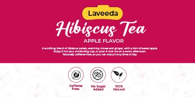 Laveeda end panel: badge, Hibiscus Tea, Apple Flavor, a short description and three icons on magenta and white
