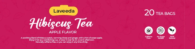 Laveeda long side panel: badge, Hibiscus Tea, Apple Flavor, a short product description, 20 tea bags and three icons: caffeine free, no sugar added, 100% natural