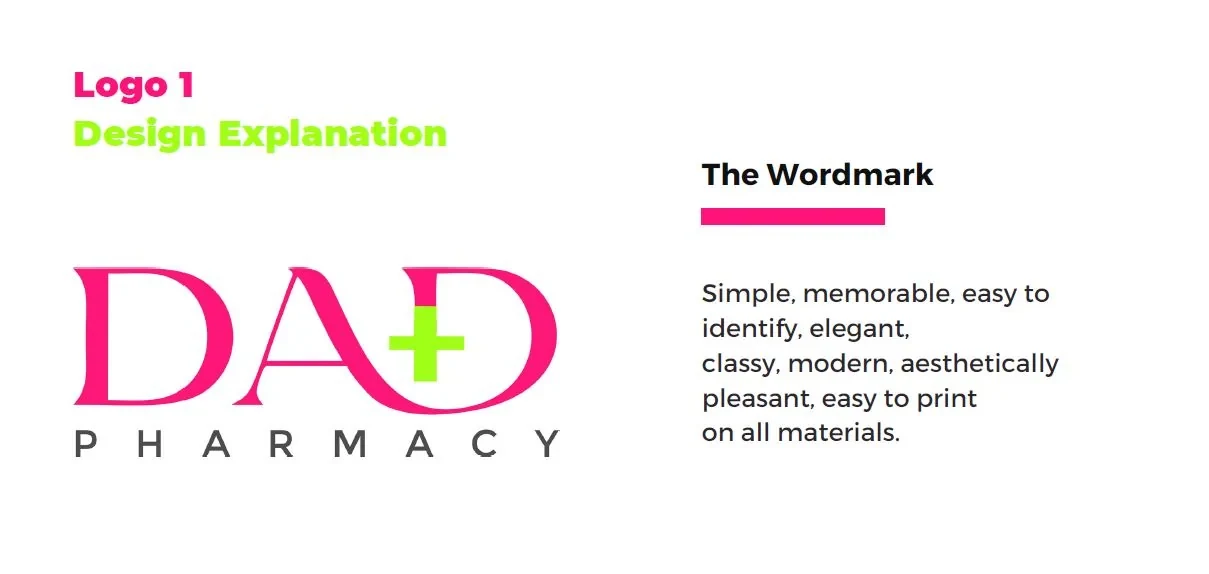 Logo concept 1: the DAD wordmark in pink with a lemon-green plus sign, above PHARMACY in spaced grey capitals