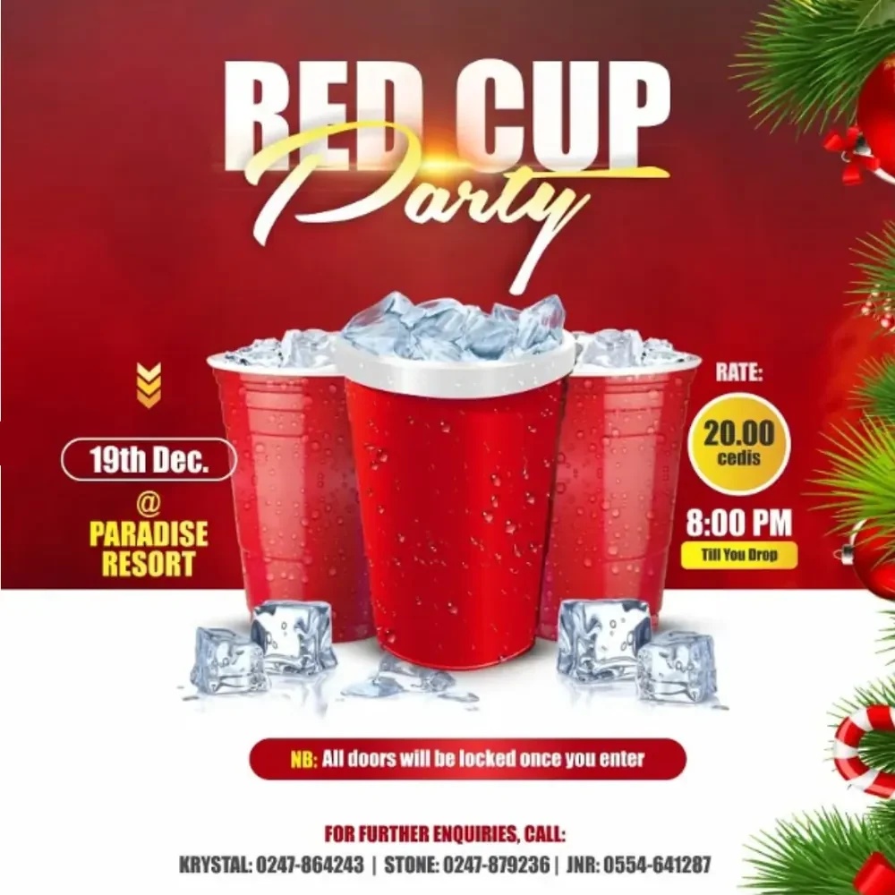 Red Cup Party flyer with red cups and ice