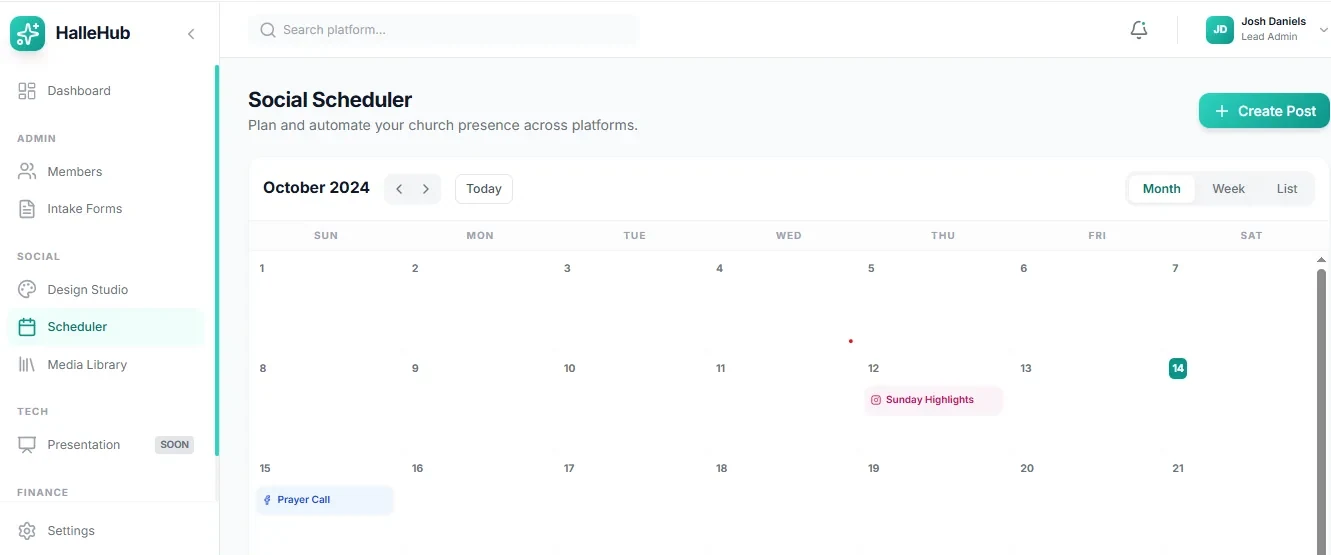 Social Scheduler calendar view with scheduled posts